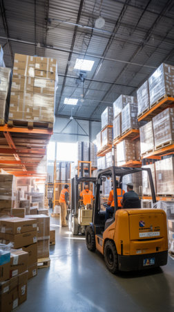 Warehouse workers in a modern warehouse with forkliftsの素材