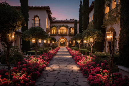 Stone path through a garden of pink flowersの素材
