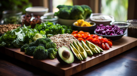 A wooden table full of various vegetables and other food ingredientsの素材