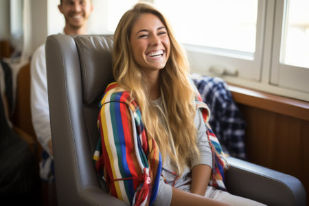 Laughing blonde woman sitting in a chairの素材