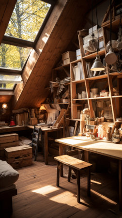 Cozy attic studio with natural sunlightの素材