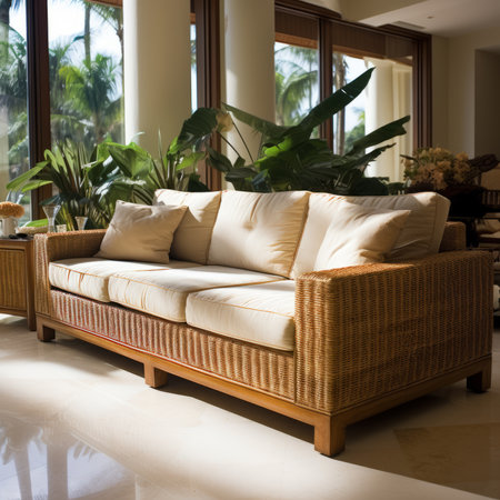 wicker sofa in a sunlit room with tropical plantsの素材