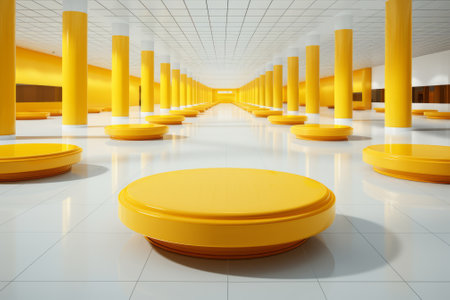 Yellow podium in the middle of a large hall with yellow columns and white floorの素材