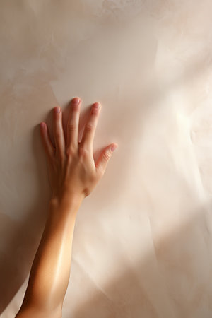a hand touching a wall with sunlight shining throughの素材