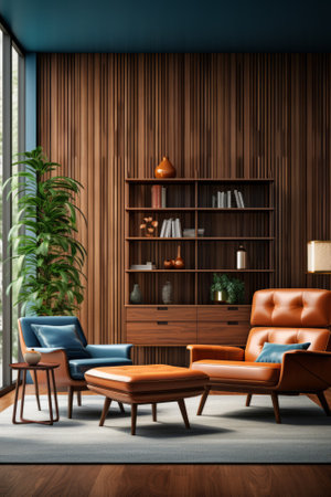 Mid Century Modern Interior Design Living Room With Blue Accent Wallの素材