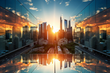 Stunning sunset over a modern city with skyscrapers made of glass reflecting the skyの素材