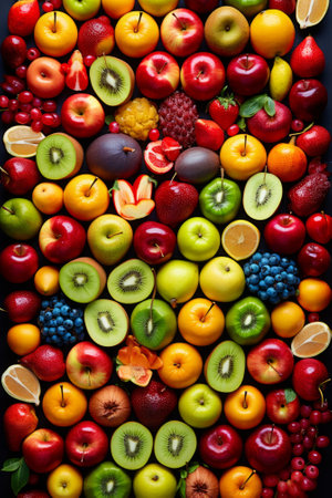 A variety of fruits are arranged in a colorful pattern.の素材