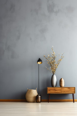 A stylish living room with a gray wall, wooden console, and decorative vaseの素材