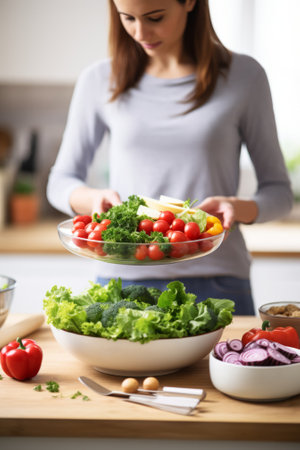 Caucasian woman preparing a healthy salad in the kitchenの素材