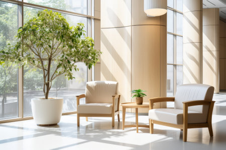 Two white armchairs and a small round table in a bright roomの素材