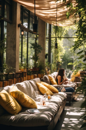 A cozy living room with a lot of pillows and plantsの素材