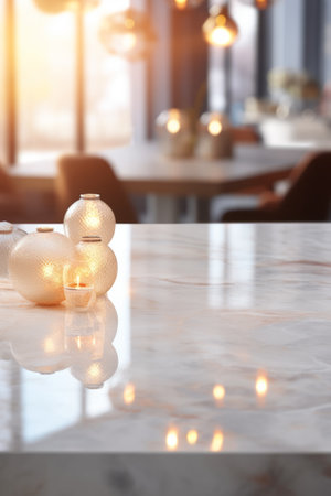 Elegant round glass candle holders with burning candles on marble table against blurred background of modern home interiorの素材