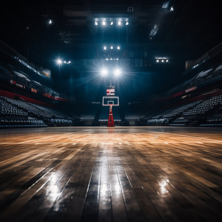 Basketball court with shiny wood floor under bright lightsの素材