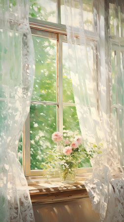 An illustration of a window with a vase of flowers on the sillの素材