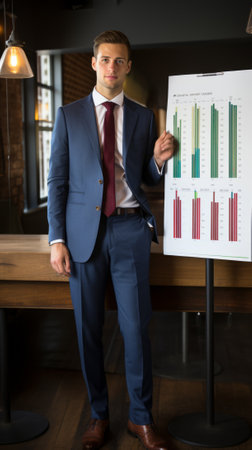 Young professional man in suit standing by presentation boardの素材