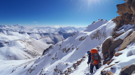 A lone climber ascends a steep snow slope in the mountains.の素材