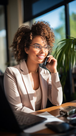 Smiling businesswoman talking on the phone in the officeの素材