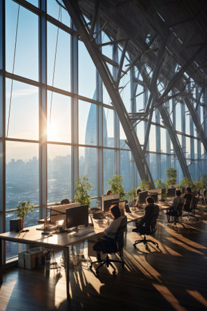 People working in a modern office with a city viewの素材