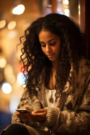 Young woman with curly hair using her phone at nightの素材