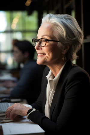 Confident senior businesswoman working on laptop in modern officeの素材