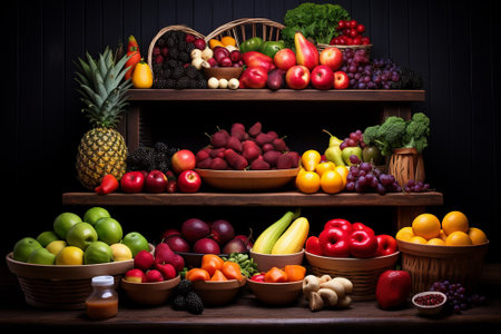 A wooden shelf filled with a variety of fruits and vegetablesの素材
