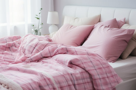 A Cozy Bedroom with Pink Bedding and a White Bed Frameの素材