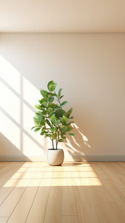 Sunlight shining through a window onto a potted plant in an empty roomの素材