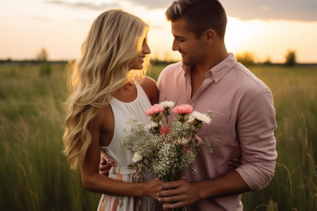 Young couple in love standing in a field of tall grass at sunset, embracing and holding a bouquet of flowersの素材