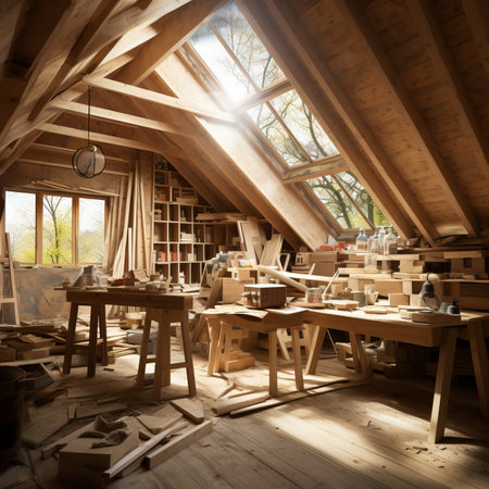 A carpentry workshop in the attic of a houseの素材