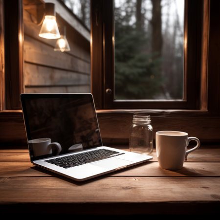 cozy cabin home office with a view of the woodsの素材