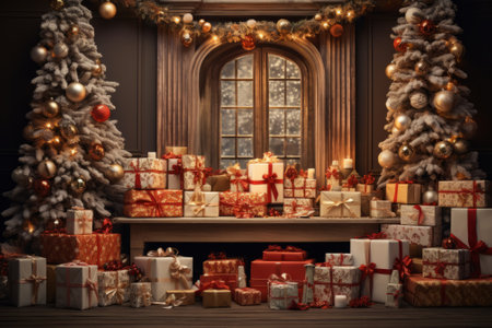 Christmas presents under a decorated windowの素材