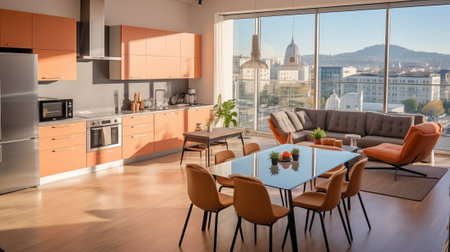 An illustration of a modern kitchen and dining area with a large window looking out onto a city skylineの素材