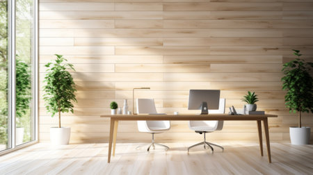 Two white chairs and a desk with a computer and plants in a room with wooden walls and a large windowの素材