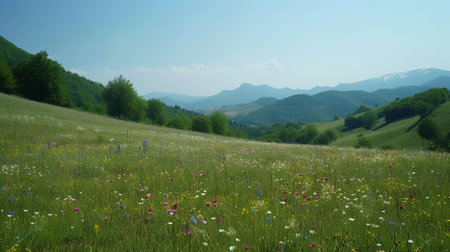 Picturesque mountain landscape with blooming meadow in summerの素材