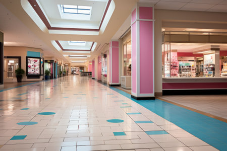 An empty shopping mall with pink columns and blue floorsの素材
