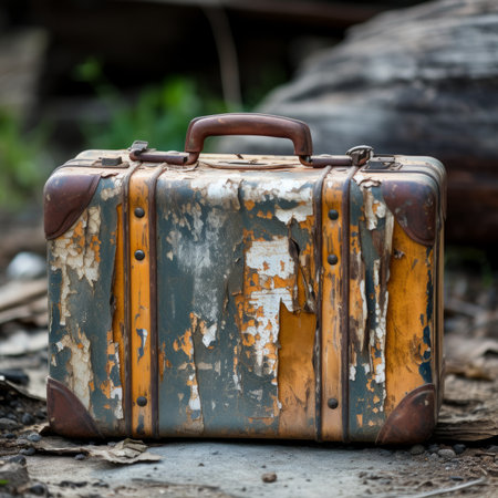 weathered suitcase sits on the groundの素材
