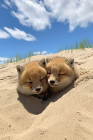 Two cute baby foxes sleeping in the sandの素材