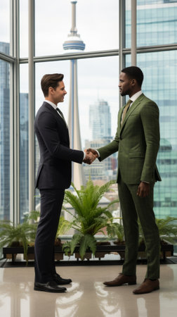 Businessmen of different ethnicities shaking hands in an office with a modern interior and a view of the city skylineの素材