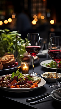 A delicious and romantic dinner for two with wine, salad, and breadの素材