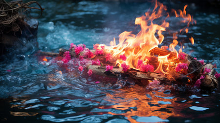 Bonfire on the river with pink flowersの素材