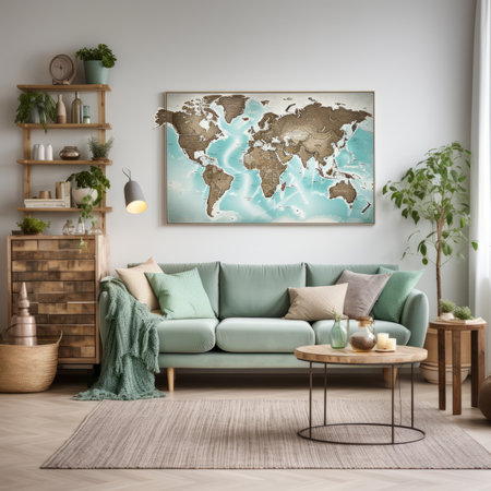 A living room with a world map on the wallの素材