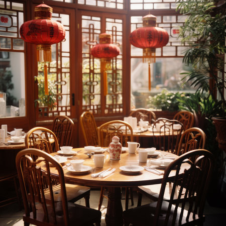 A traditional Chinese restaurant with round tables and chairsの素材