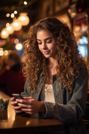 Curly Blonde Woman in Blue Jean Jacket Using Phoneの素材