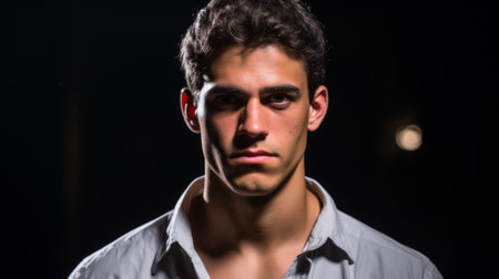 Portrait of a young man with dark hair and light eyes looking at the camera with a serious expressionの素材
