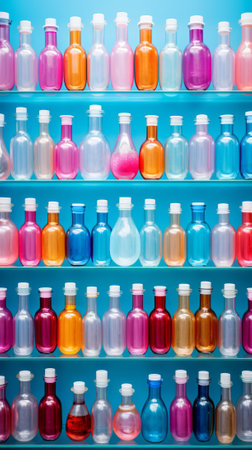 Bottles of various colors and sizes arranged on blue shelves against a blue backgroundの素材
