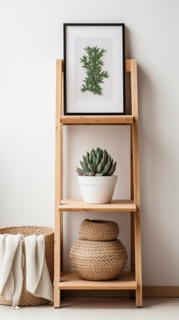A wooden shelf with a potted succulent, a framed print, and two woven baskets.の素材