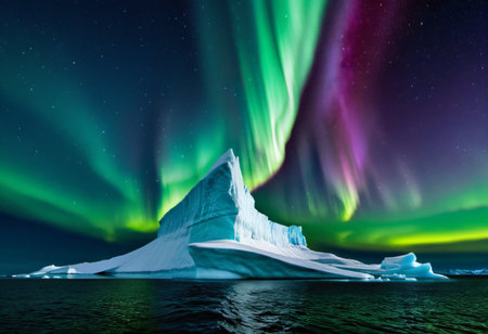 Aurora australis over an iceberg in Antarcticaの素材