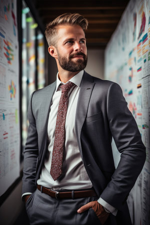 A man in a suit standing in front of a wall of sticky notesの素材