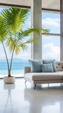 Modern coastal living room interior design with sofa and potted palm treeの素材