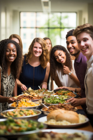 Multi-ethnic group of young people enjoying a buffetの素材